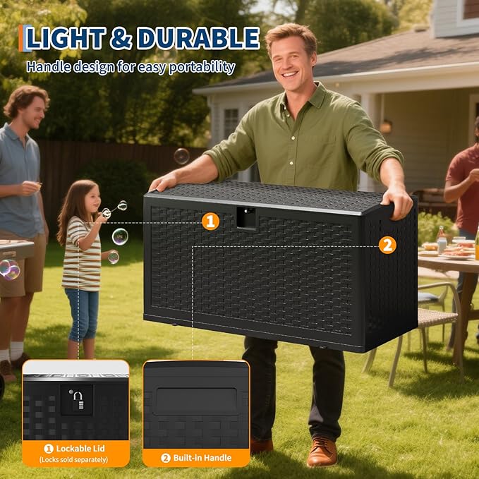 73 Gallon Outdoor Storage Box, Waterproof Resin Deck Box with Lockable Lid & Built in Handles, 270 LB Capacity, Weather Resistant Storage Bin for Patio Porch Garden Poolside, Black