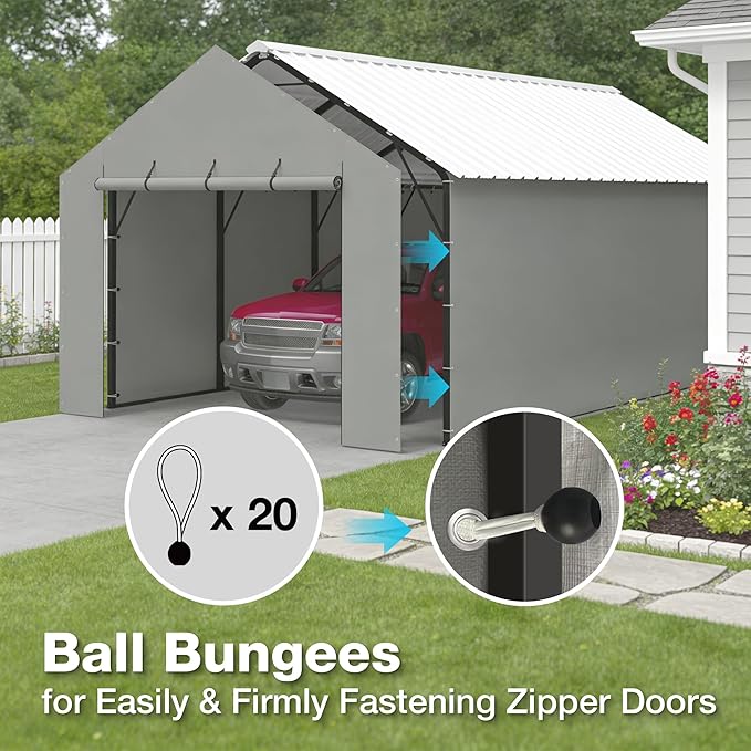 Metal Carport Replacement Sidewalls for 12x20ft Metal Carport, Heavy Duty PE Tarp Waterproof UV Resistant, Roll Up Door Panels with Bungee Balls & Steel Ropes，Gray(Frame Not Included)