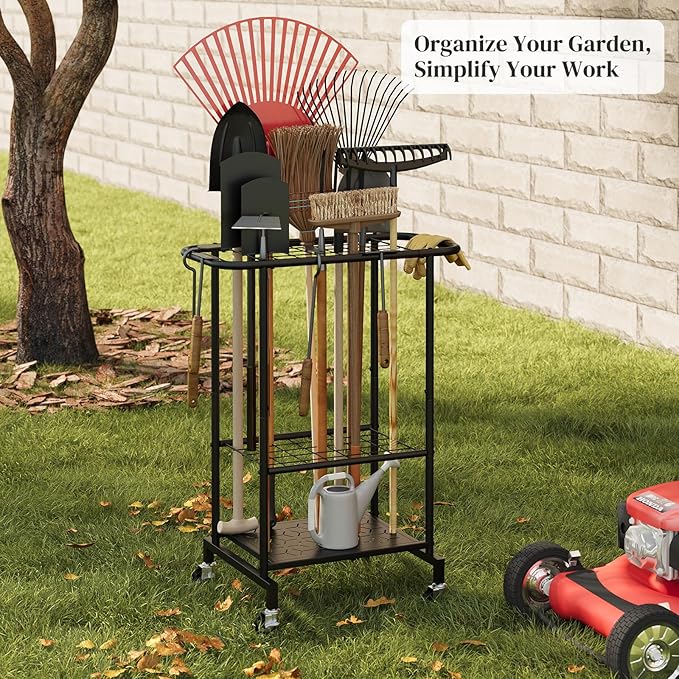 Garden Tools Organizer Rack, Yard Tool Rack with Wheels, Heavy Duty Steel Yard Tool Organizer and Storage Holder Broom Holder for Shed, Patio, Outdoor (Rack with Wheels)