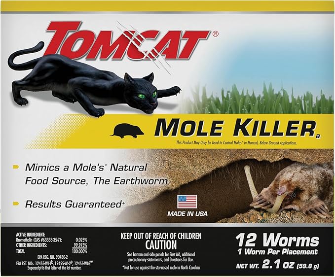 Tomcat Mole Killer(a) - Mimics Natural Food Source, Kills with a Single Feeding, Mole Killer for Lawns and Yards, 12 Worm Baits
