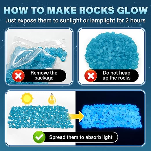 PoYang 500pcs Glow in The Dark Rocks Outdoor - Blue Resin Glowing Pebbles for Landscaping, Garden, Fish Tank and Aquarium Indoor Decor, Powered by Sunlight or Lamplight (0.4"-0.7"/pc, 0.6lbs/Bag)