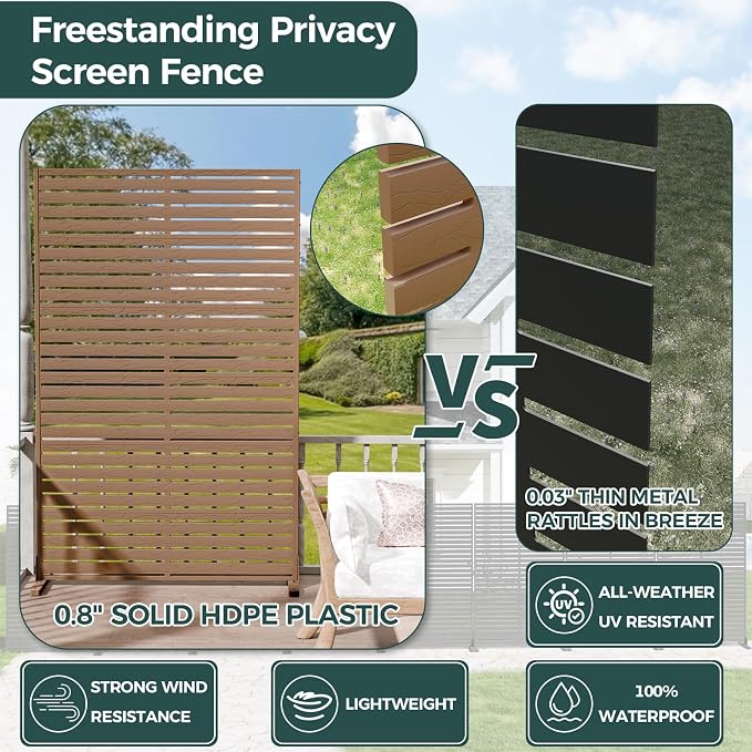 Privacy Screen Outdoor 72" Freestanding Privacy Panel with Stand, HDPE Decorative Privacy Fence with Louver Pattern, Patio Divider Screen, Privacy Screens for Outside, Balcony, Brown