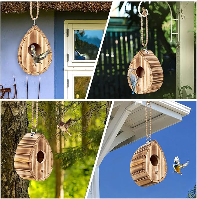 NATUREYLWL Hummingbird House for Outside - Natural Wooden Birdhouse for Bluebirds, Finches, Cardinals - Small Hanging Bird Nesting Box for Garden, Patio, or Yard - 5.9" D x 4.1" W x 3.8" H