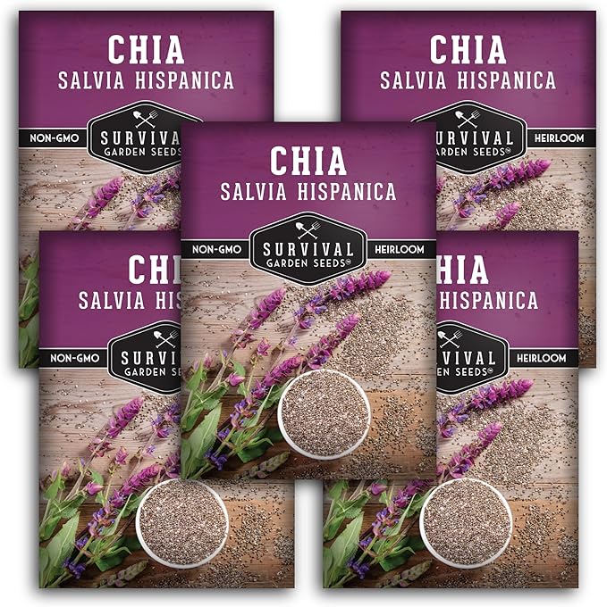 Chia Seeds for Planting – Mexican Salvia Hispanica Herb for Edible Seed Harvest and Ornamental Garden Flowers – Heirloom, Non GMO Variety –Survival Garden Seeds (5 Packs)
