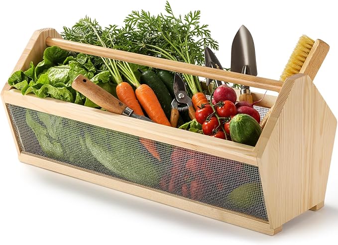 Colingmill Garden Hod Harvest Basket Women Garden Harvesting Basket 20 x 6 x 8 Inch Pine and Metal Mesh Gardening Hod with Handle for Vegetable Fruit Gathering Supply Spring Gift for Mother Gardener