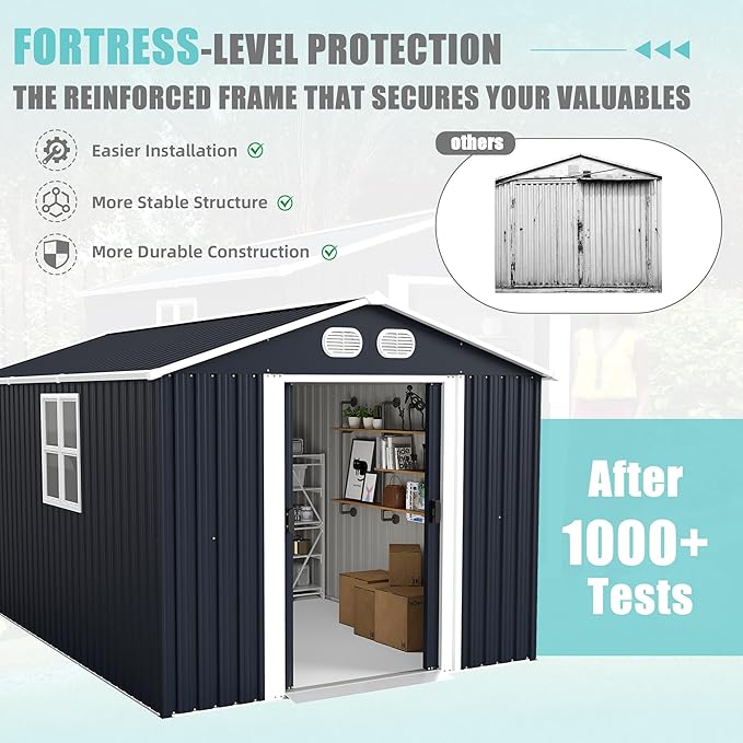 KEIKI 8x12 FT Outdoor Storage Shed, Heavy-Duty Metal Shed with Lockable Doors & Air Vents, Weather-Resistant Garden Tool Storage for Backyard Patio, Dark Gray