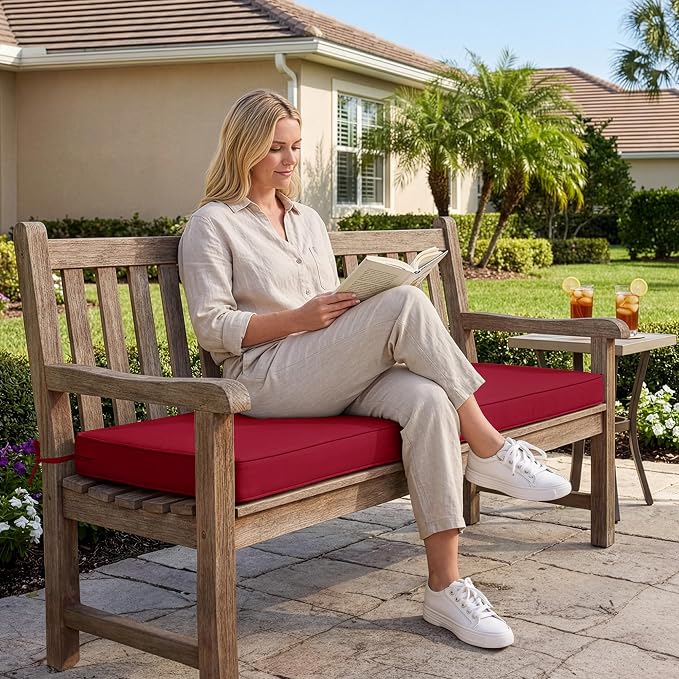 Summsun Outdoor Bench Cushion: Waterproof and Fade Resistant Patio Furniture Cushions - Non-Slip Bench Pad Cushion with Removable Cover for Garden Swing Porch Sofa Settee, 48 x 18 x 3 Inch, Red