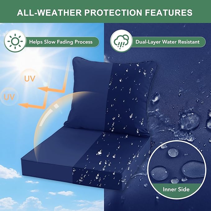 Summsun Outdoor Chair Cushions Set of 2, Waterproof Backrest and Deep Seat Cushion Set for Patio Furniture, Outdoor Replacement Cushions with Removable Cover, 22 x 22 Inch, Navy