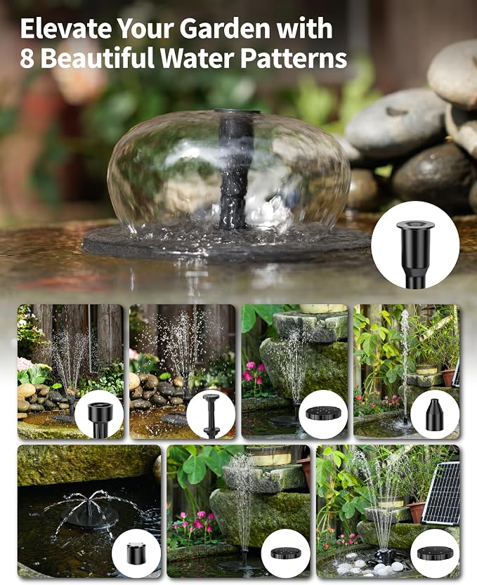 POPOSOAP Solar Fountain Pump, 12W Solar Water Pump Kit with 4400mAh Battery Backup Work All Day, 8 Nozzles & PVC Tubing, Solar Pond Pump for Bird Bath Garden Pond Fish Tank P112D