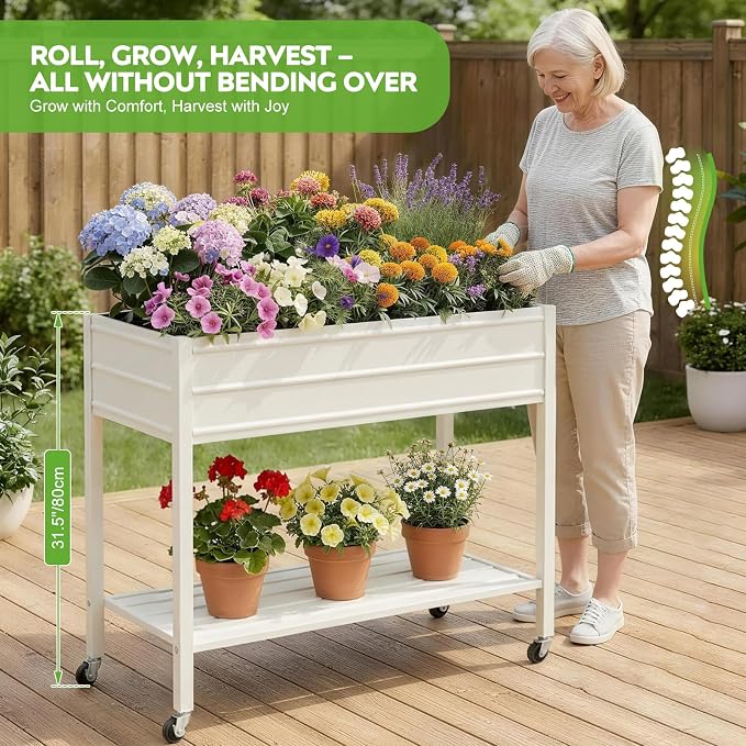 32" Tall Galvanized Raised Garden Bed with Legs Wheels & Shelf, Elevated Planter Box Outdoor for Vegetables, Herbs & Flowers, Patio & Backyard, Garden Bed with 400lb Capacity，White