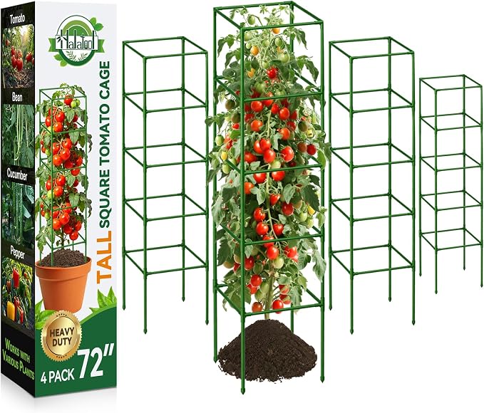 Halatool 4 Pack 72" Extra Tall Square Tomato Cages, Heavy Duty Metal Plant Support for Indeterminate Tomatoes, Climbing Plants, Vegetables, Up to 6ft Garden Cages for Indoor Outdoor Raised Beds, Pots
