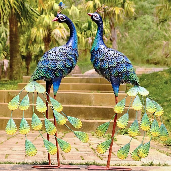 Kircust Metal Outdoor Solar Peacock Statues for Garden & Yard | Weatherproof Decor with Lights, Elegant Gift for Patio