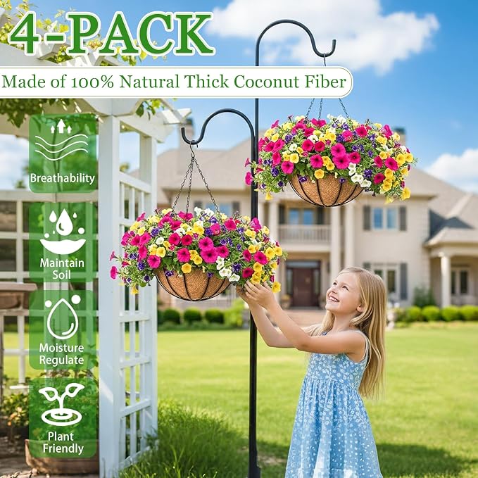 Hanging Planters for Outdoor Plants 4 Pack 14 inch Metal Hanging Flower Basket with Coco Coir Liner Wire Plant Holder Watering Flower Baskets Pot Hanger Garden Decoration for Indoor Outdoor(XGL)