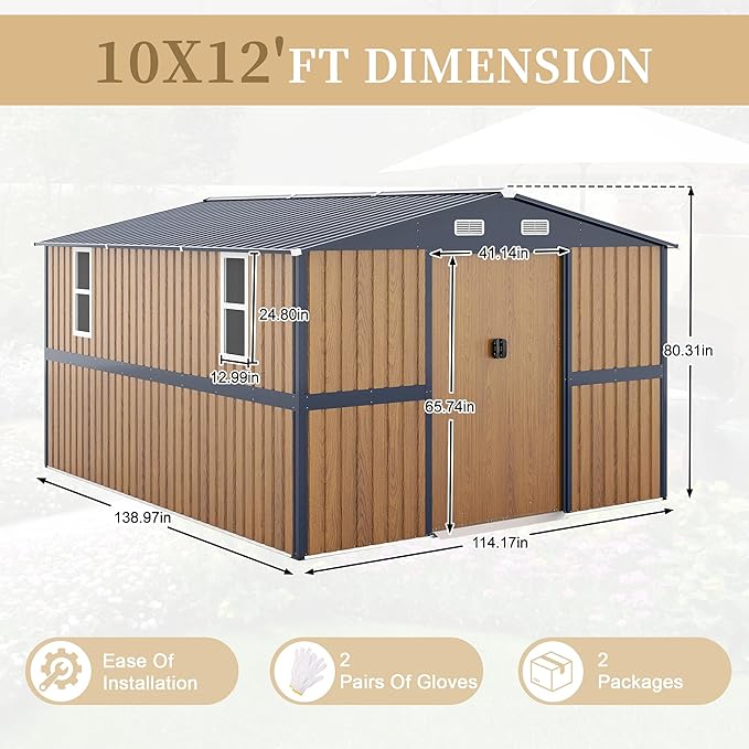 KEIKI 10x12 FT Outdoor Metal Storage Shed with Lockable Doors, Windows, and Ventilation, Garden Shed for Backyard, Patio, or Tool Storage, Yellow