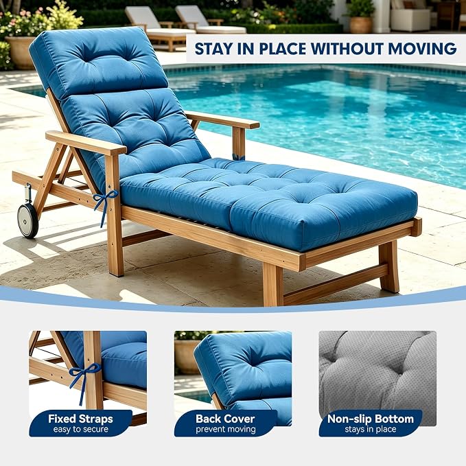 Non-Slip Outdoor Chaise Lounge Chair Cushion, Waterproof 74.4 x 22 x 4.7 Inches Lounge Chair Cushion for Outdoor Patio Furniture with Ties, Pool Chaise Lounge Cushions Replacement, Royal Blue