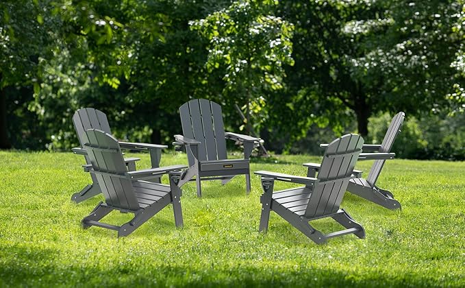 Folding Adirondack Chair Set of 4, Wooden Textured Plastic Adirondack Chairs with 2 Cup Holder, Weather Resistant HDPE Fire Pit Chair, Outdoor Patio Chairs for Garden, Backyard, Lawn, Deck, Grey