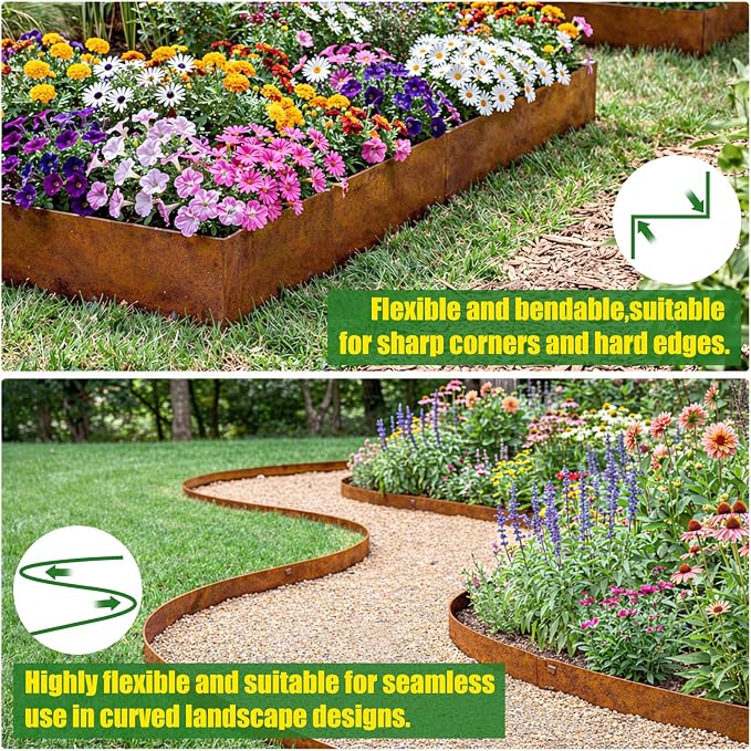 33ft. Metal Edging for Landscaping, 10 Pack 4.5 Inch Rusted Cor-Ten Steel Landscaping Edging with Gloves, Bendable Hammer-in Outdoor Steel Garden Edging for Garden, Yard (40" L x 4.5" H Each)