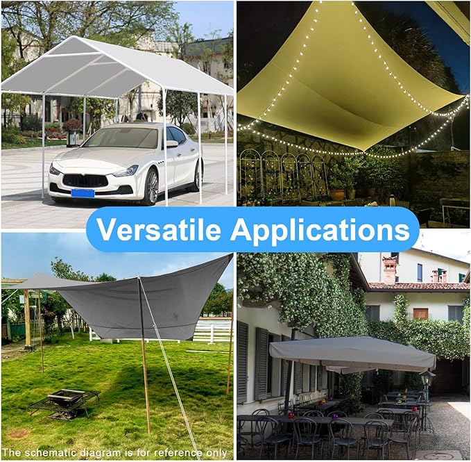 10 x 20 Ft Heavy Duty Carport Replacement Canopy Cover Waterproof & UV Protected Car Garage Top Tent Shelter Tarp Cover with 44 Ball Bungees Cords, Only Top Cover, Grey, Gray