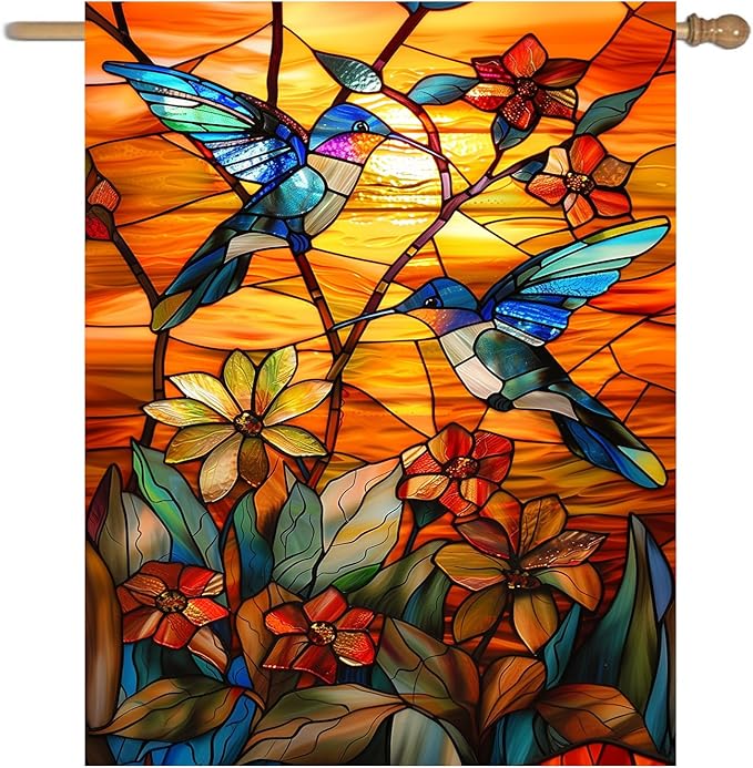 Stained Glass Hummingbird Garden Flag Spring Summer House Flag Fall Floral Decorative Yard Flags for Outside 28x40 Double Sided Large Seasonal Lawn Flags Rustic Outdoor Decor