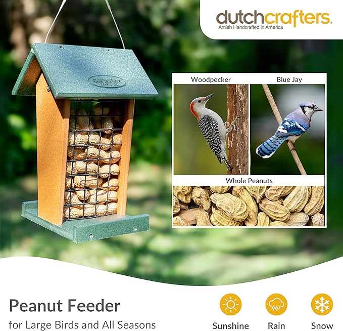 DutchCrafters Plastic Poly Hanging Whole Peanut Bird Feeder for Large Birds, Woodpeckers, Blue Jays for Outdoor, Garden, Yard - USA Amish Made (Black & Weatherwood)