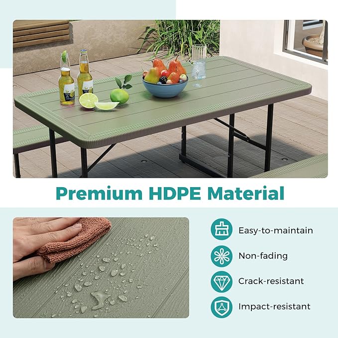 Giantex Picnic Table Bench Set for 4 People, 4.5FT Outdoor Rectangular Dining Table & 2 Benches w/Umbrella Hole, HDPE Tabletop, Metal Frame, Patio Garden Backyard Poolside, Green