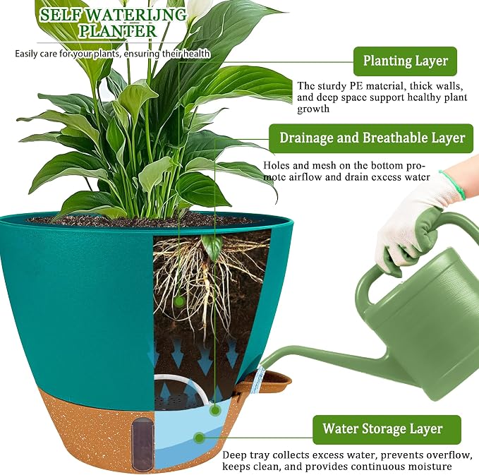 2 Pack 10 inch Plant Pots, Plastic Self Watering Planters with Drainage Holes, Deep Reservoir, Water Level Indicator, Modern Decorative Flower Pots for Indoor Outdoor Plants (Turquoise)