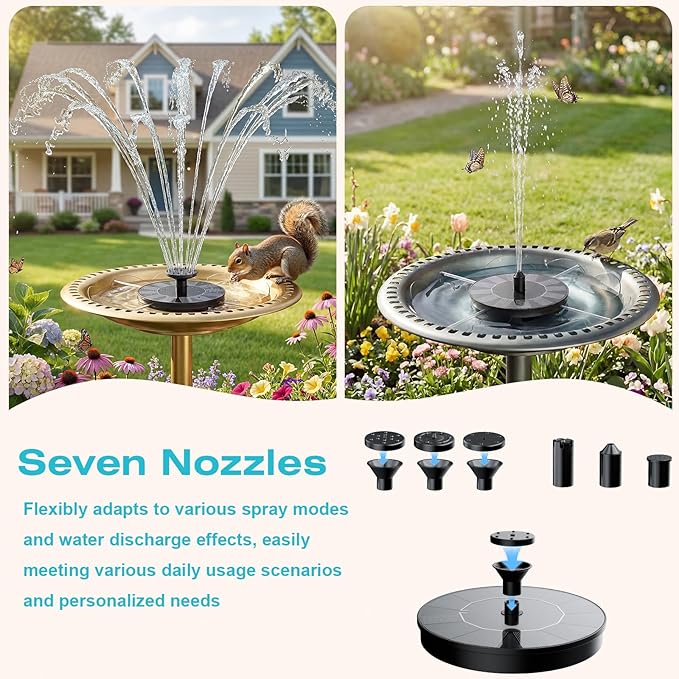 AMZtime Solar Fountain for Bird Bath, 1.4W Solar Fountain Pump 6 Nozzles, 2026 New Free Standing Solar Powered Water Pump for Outdoor, Garden, Fish Tank, Pond and Pool