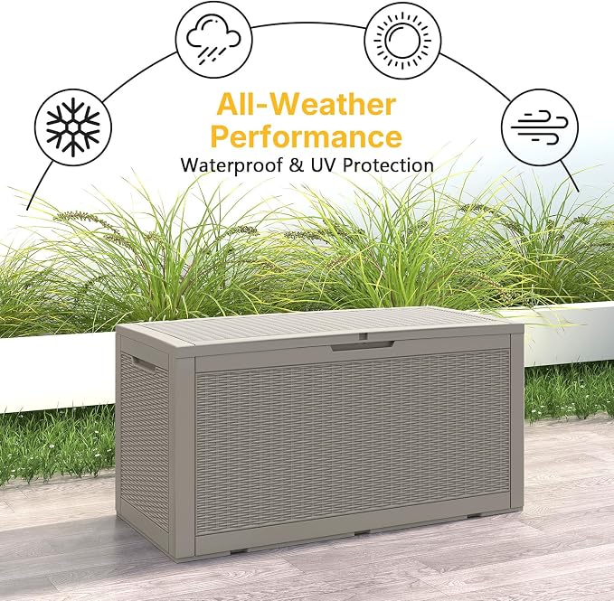 Skepphlay 100 Gallon Deck Box Outdoor Waterproof, Rattan Outdoor Storage Box, Patio Storage Boxes for Cushions, Pillow, Garden Tools, Equipment