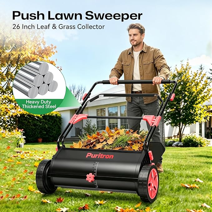 Push Lawn Sweeper, 26 Inch Leaf & Grass Collector, Strong Rubber Wheels & Heavy Duty Thickened Steel Durable to Use with Large Capacity 7 ft³ Mesh Collection Bag, 4 Spinning Brushes