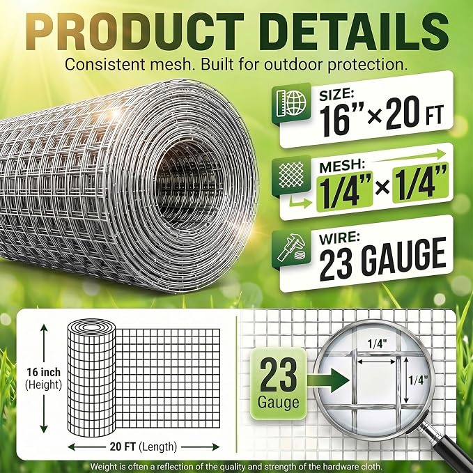 HIHADUUM 16'' x 20' Hardware Cloth 1/4 inch 23 Gauge, Hot-dip Galvanized After Welding, Chicken Coop Wire Fence Wire Mesh Screen, Rabbit/Snake Fences, Netting Wire Cloth Galvanized Wire Mesh Roll | Rust-Resistant Protection for Gardens, Poultry & Outdo...