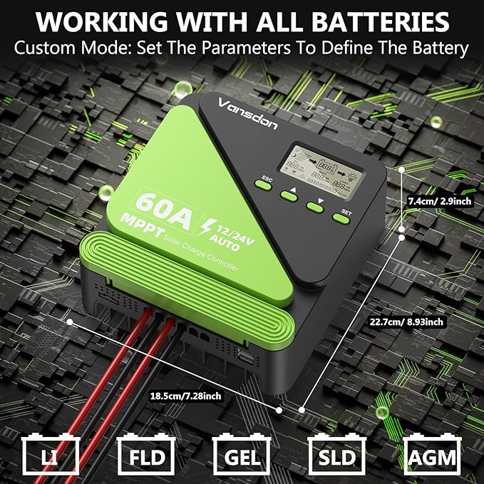 Vansdon 60A Solar Charge Controller 12V/24V MPPT Solar Charge Controller, Adjustable LCD with Timer, Dual USB Ports, for RV, Boat, Cabin, Off-Grid Systems, Compatible with FLD/LiFePO4/SLD/GEL/AGM