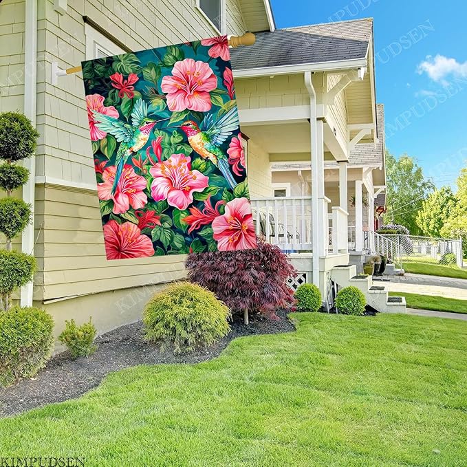 Spring Summer House Flag 28 x 40 Inch Double Sided, Colorful Hummingbird Floral Garden Flag Large Outdoor Seasonal Flags for Garden Patio Lawn Decor