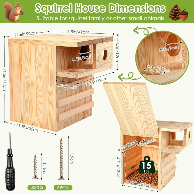 Large Squirrel House for Outside with Predator Guard, Squirrel Nesting Box with Exterior Porch, Easy Assemble Wooden Squirrel Boxes, Suitable for Gray Squirrels, Fox Squirrels, Red and Chipmunks
