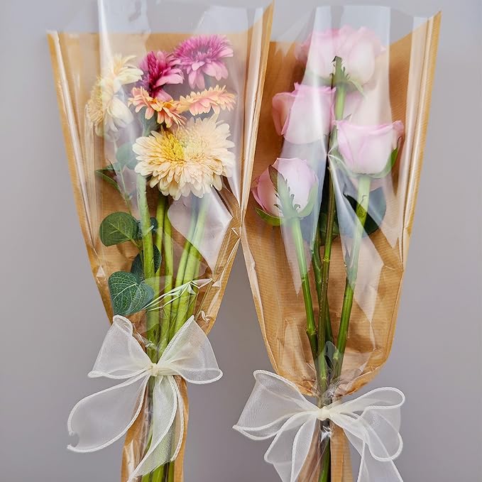 100 Pack flower bags for bouquets, flower bouquet wrapping paper, bouquet bags Kraft floral wrapping paper, Flower Sleeves Wrapping Bags Perfect for Mother's Day, Wedding (9.8in x 18in x 3.9in)
