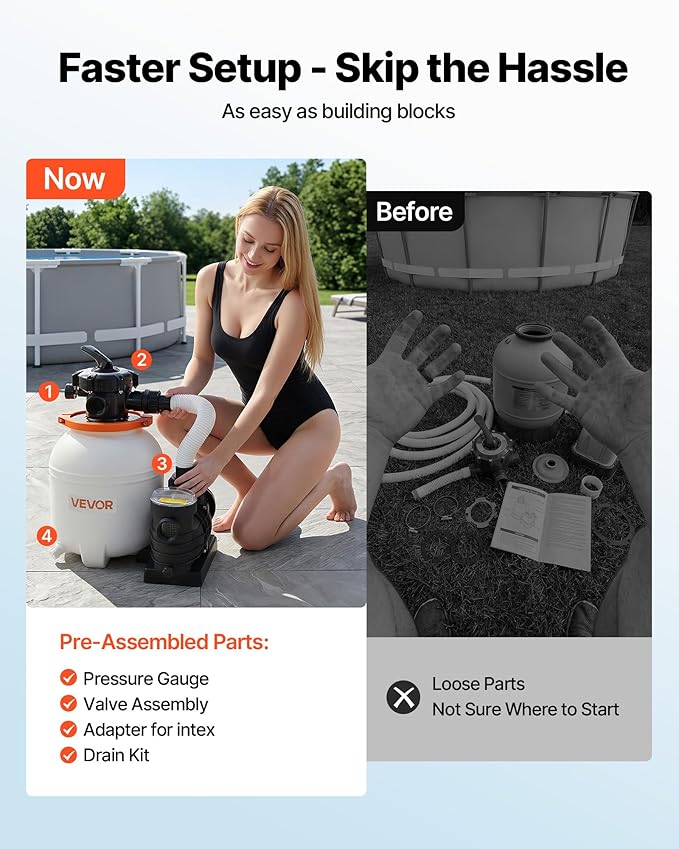 VEVOR 13 in Sand Filter Pump for Above Ground Pool, 0.75 HP 3500 GPH, Swimming Pool Sand Filter Pump with Pre-Assembled Core & Leak-Resistant Design, 6-Way Valve, High-Efficiency Filtration for Pools