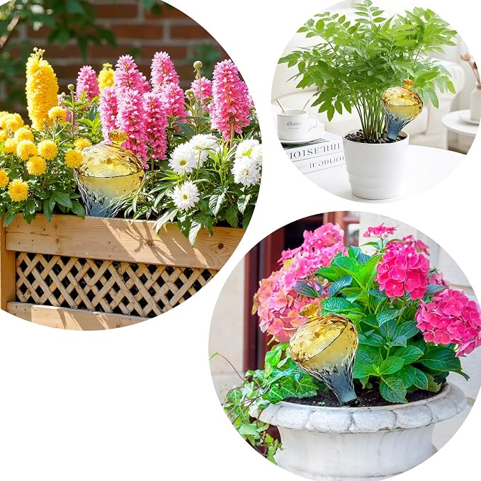 12 oz Plant Watering Globes, Yellow Glass Self Watering Bulbs Top Fill with Terracotta Spikes Stake, Self Watering Planter Insert Vacation Automatic Plant Waterer Device for Indoor & Outdoor