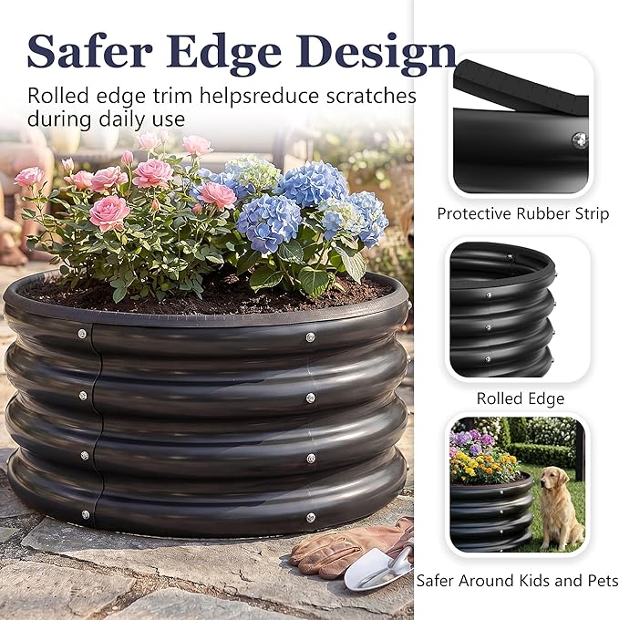 2 x 2 x 1 ft Round Raised Garden Bed, Black 2 Pack 0.6 mm Thick Galvanized Steel Planter Box with Double Layer Paint and Safety Edge Trim for Vegetables Flowers Herbs Outdoor Garden