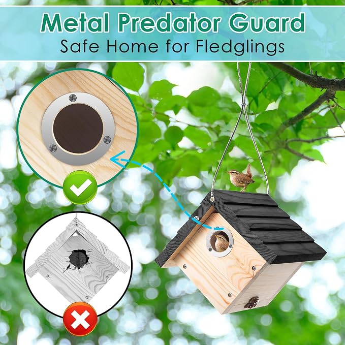 Dreyoo 1 Pack Wren House, 1-1/8'' Entrance Hole Hanging Wooden Wren Bird Houses for Outside with Metal Guard, Air Vents, Pine Wood for Chickadees (Black)