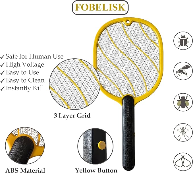 Electric Fly Swatter – Battery Powered Bug Zapper Racket with 2 AA Batteries Included, 3-Layer Safety Mesh, Handheld Fly Zapper for Indoor, Outdoor, Home, Bedroom, Kitchen, Office, Backyard, Patio
