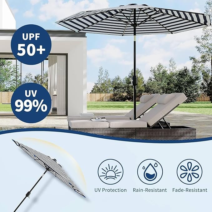 Garvee 9 ft Patio Umbrella - 8 Sturdy Ribs Outdoor Table Umbrella with Crank Lift & Push Button Tilt - Market Umbrella for Pool, Deck, Yard, Garden -Navy blue & White Stripe