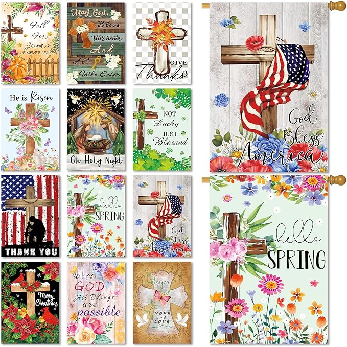 Christian Seasonal Garden Flags Set of 12 Double Sided 28 x 40 Inch Cross Yard Flags, Large Flags for Outside, Fall Winter Easter Christmas Outdoor Flags, Holiday House Flags for All Seasons