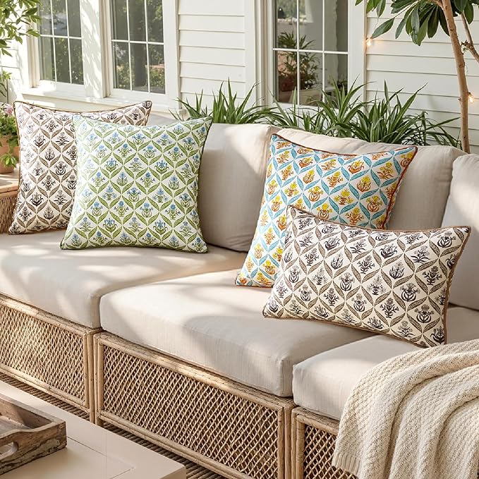 ANRODUO Floral Outdoor Pillow Covers 12x20 Waterproof Set of 2 Lumbar Block Print Decorative Cushion Cases with Refined Edge Piping for Spring Patio Porch Garden Couch Sofa Bench Decor Brown