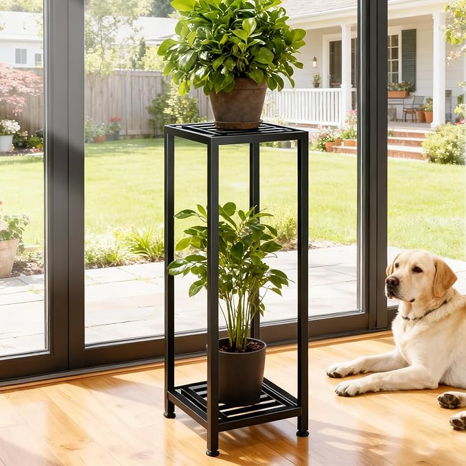 LUBORN Plant Stand Indoor Outdoor, 41'' Tall Wrought Iron Plant Stands, 2 Tier Heavy Duty Metal Pedestal Stand Decorative Flower Stand for Patio Garden Deck Living Room
