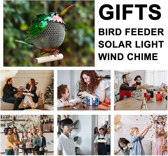 Solar Wild Bird Feeder Squirrel Proof for Outside - Unique Cute Metal Animal Shaped Bird Feeder with Solar Light, Wind Chime, Gift for Bird Lovers(Hummingbird)