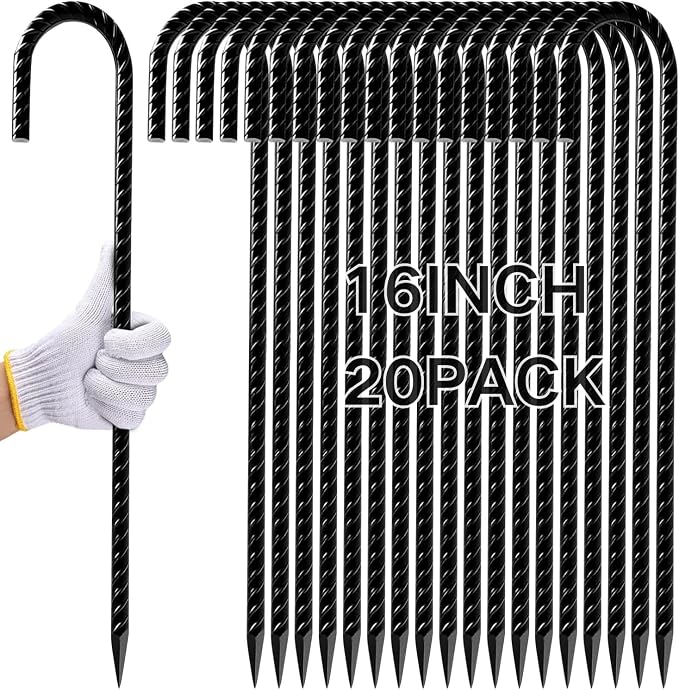 Rebar Stakes 16 Inch J Hook Heavy Duty Ground Stakes, 20-Pack Ground Stakes Black Antirust Coated for Wire Fencing, Trampolines,Camping Tent, Canopies, Shed Swing, Yard Decorations