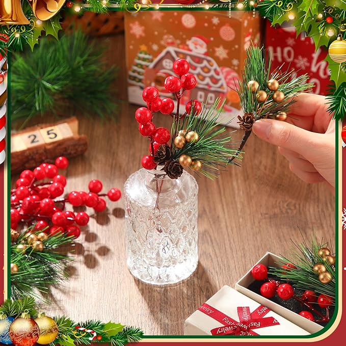 40 Pieces Mini Artificial Christmas Floral Pine Picks Red Berry Picks Holly Red Berry Stems Green Pine Needles for Christmas Tree Wreath Gifting Props Winter Holiday