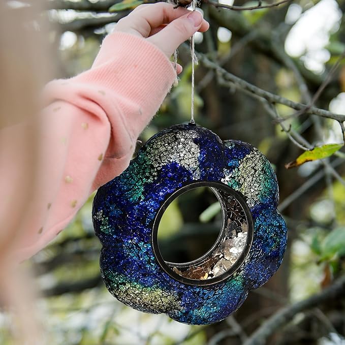 Sunnydaze 10-Inch Glass Mosaic Hanging Bird Feeder for Outdoors - Fly-Through Glass Bird Feeder for Cardinals, Jays, Finches and More - Indigo Flower Mosaic