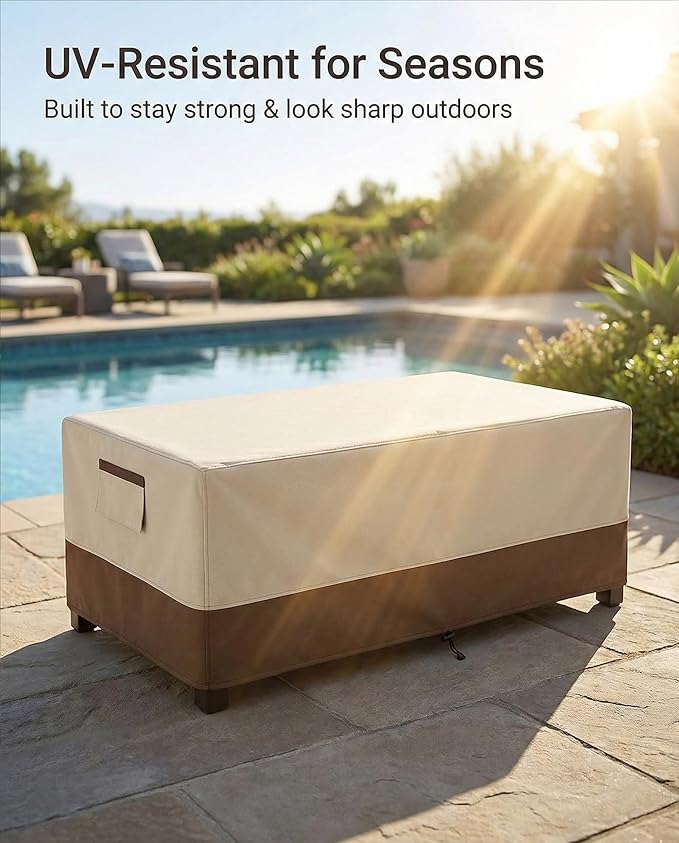 Waterproof Patio Coffee Table Cover, 600D Heavy Duty Outdoor Furniture Covers, Weather & UV Resistant, Windproof with Buckles, Rectangular Table Cover for Backyard Patio 42 x 26 x 16 in, Beige & Brown
