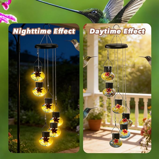 Solar-Powered Hummingbird Feeder with Wind Chime Elegance – 6 Leak-Proof Glass Ports, Frosted Design & Blue Yellow Night Lights – Perfect Outdoor Gift for Nature Enthusiasts