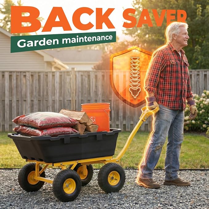 Sekey 1000lbs Garden Dump Cart for Seniors, Capacity Yard Wagon with Rubber Tires, Quick-Release Dumping & Easy-Maneuver Handle for Soil, Rocks, and Firewood, Black